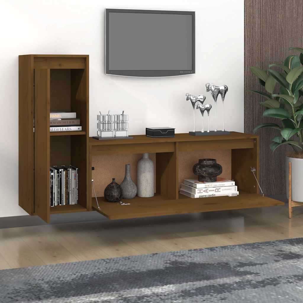 2 Piece TV Cabinet Set Honey Brown Solid Wood Pine