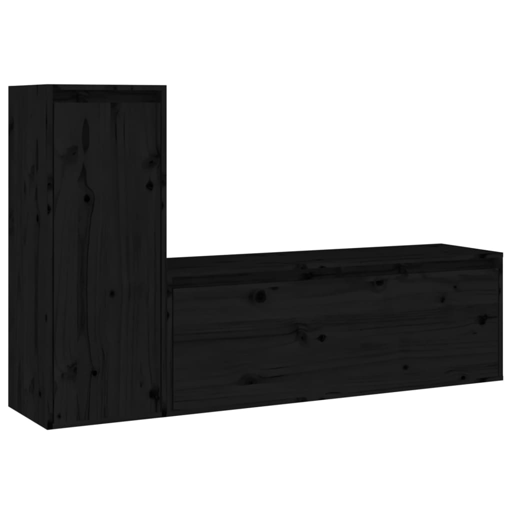 2 Piece TV Cabinet Set Black Solid Wood Pine