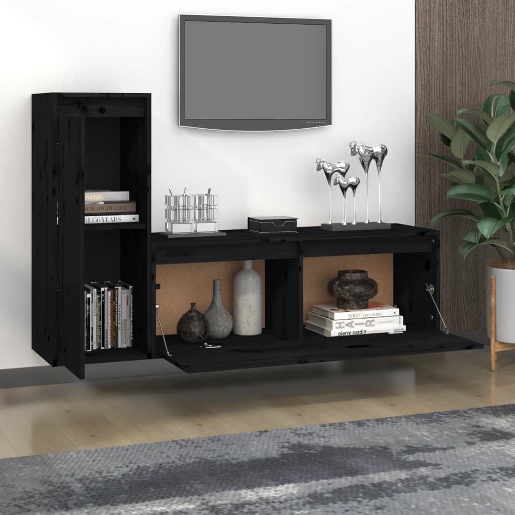 2 Piece TV Cabinet Set Black Solid Wood Pine