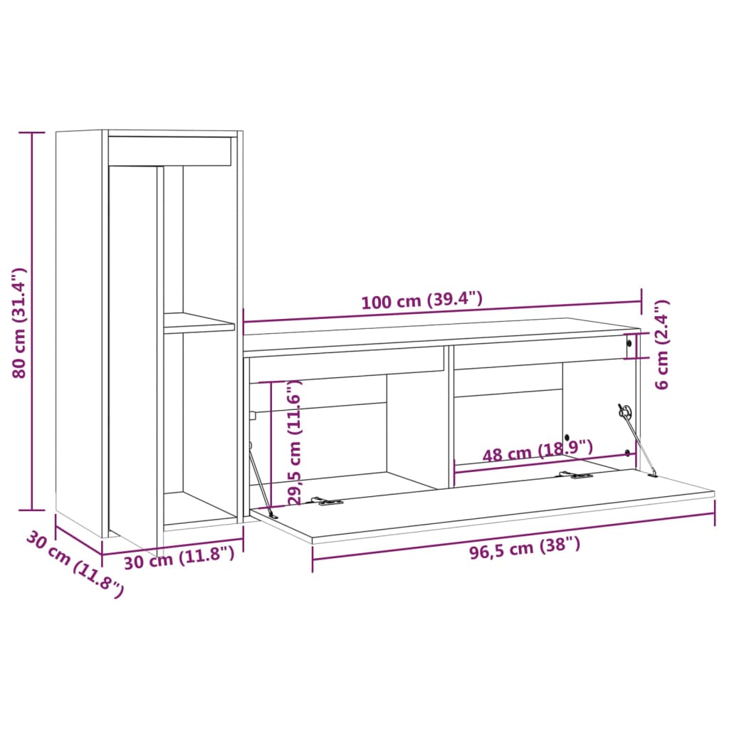 2 Piece TV Cabinet Set Black Solid Wood Pine