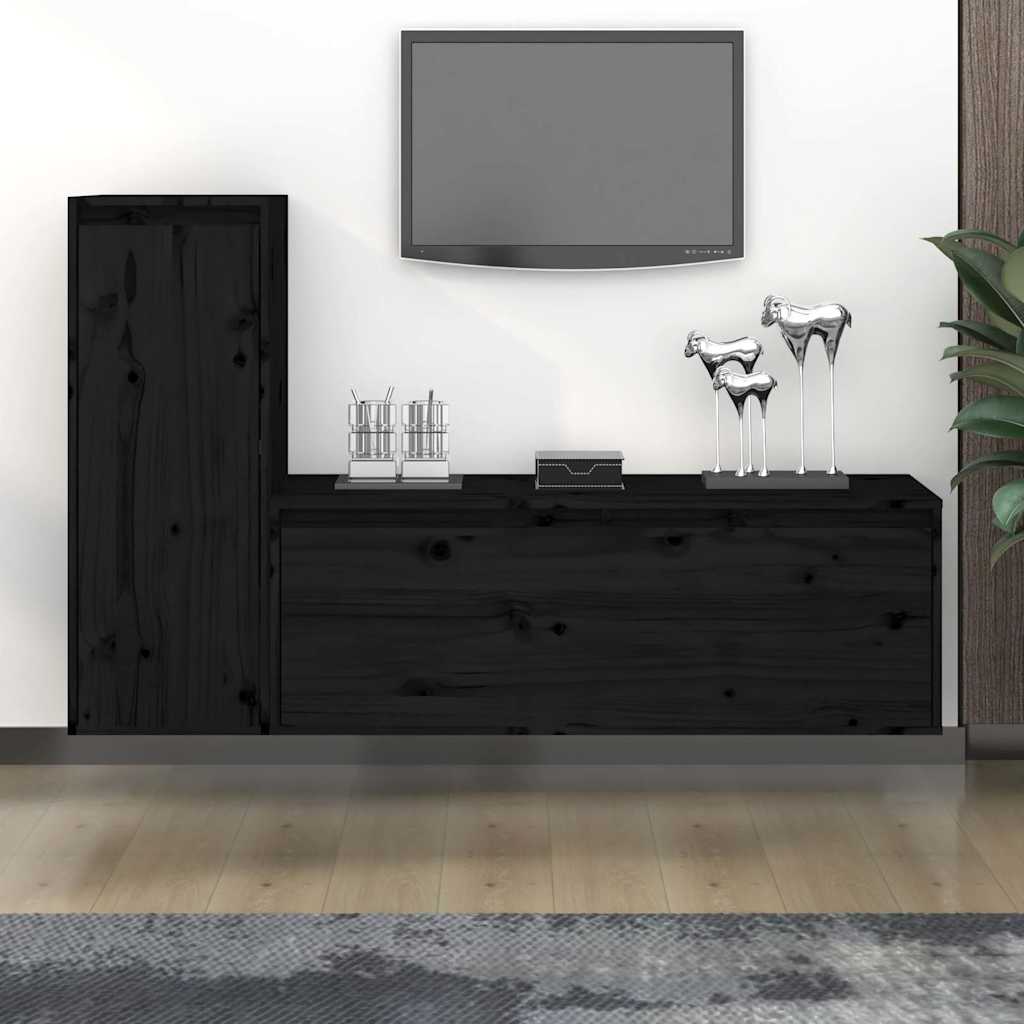 2 Piece TV Cabinet Set Black Solid Wood Pine