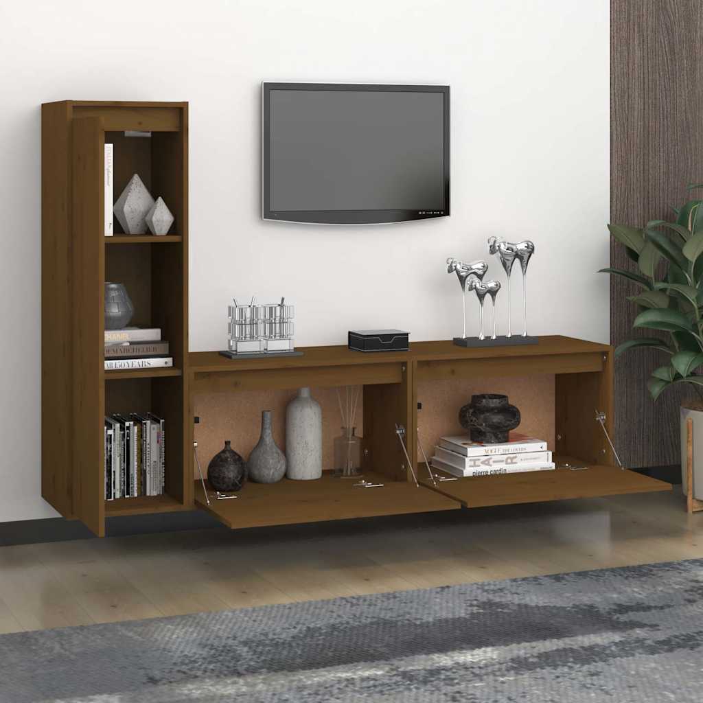 3 Piece TV Cabinet Set Honey Brown Solid Wood Pine