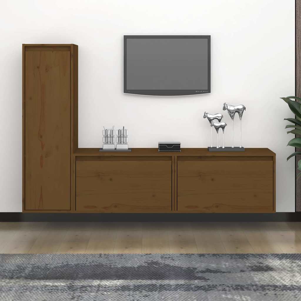 3 Piece TV Cabinet Set Honey Brown Solid Wood Pine