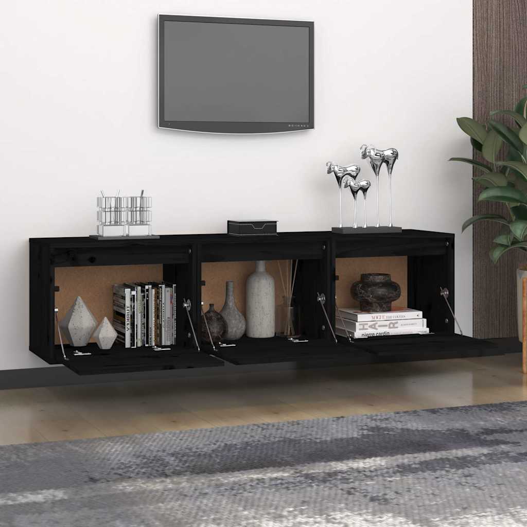 3 Piece TV Cabinet Set Black Solid Wood Pine