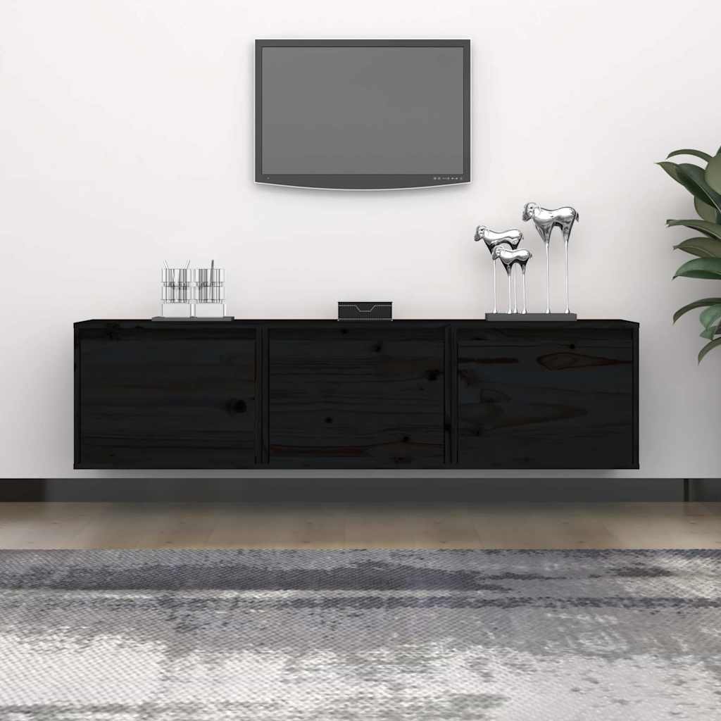 3 Piece TV Cabinet Set Black Solid Wood Pine