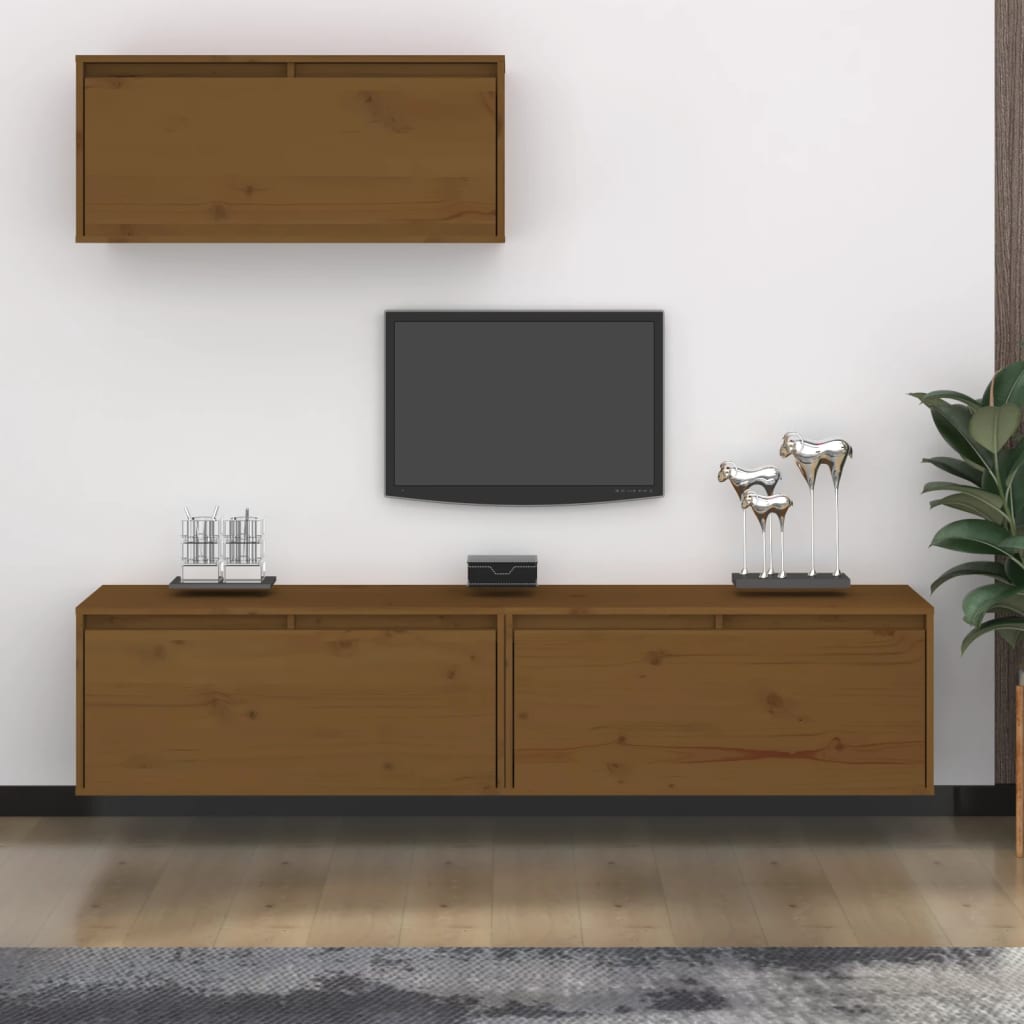 TV Cabinets 3 pcs Honey Brown Solid Wood Pine
