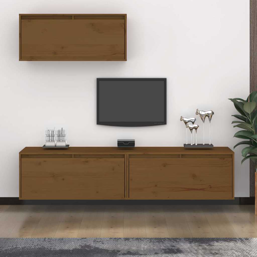 3 Piece TV Cabinet Set Honey Brown Solid Wood Pine