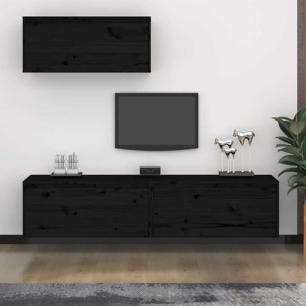 3 Piece TV Cabinet Set Black Solid Wood Pine