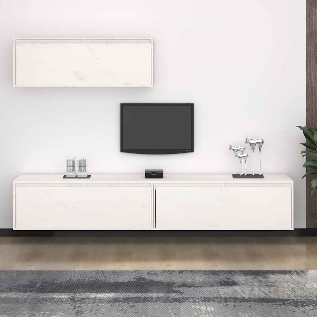 3 Piece TV Cabinet Set White Solid Wood Pine