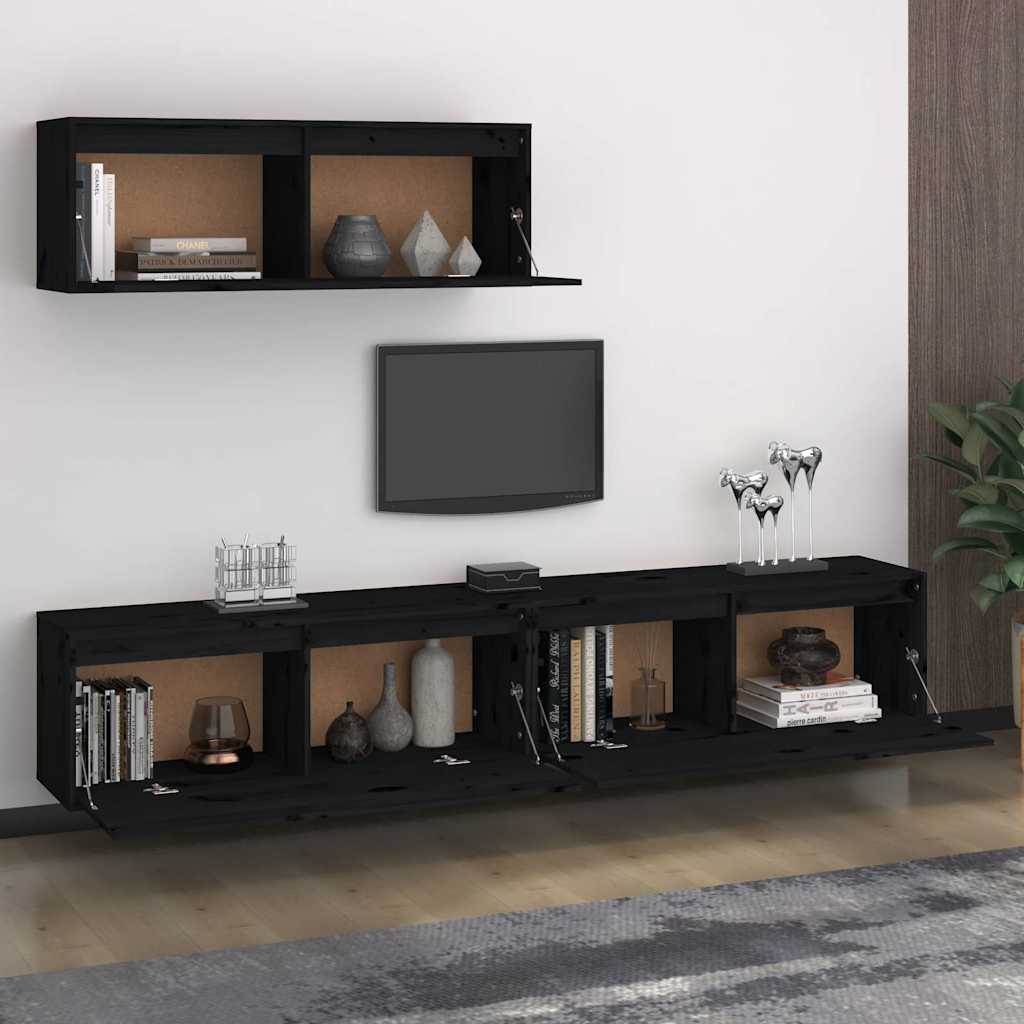 3 Piece TV Cabinet Set Black Solid Wood Pine