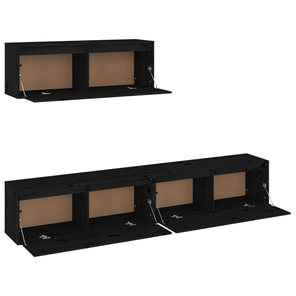 3 Piece TV Cabinet Set Black Solid Wood Pine