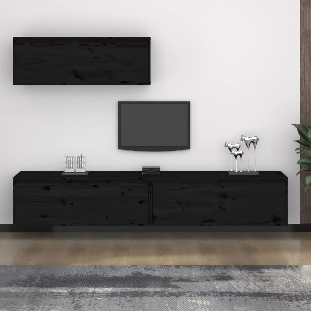 3 Piece TV Cabinet Set Black Solid Wood Pine