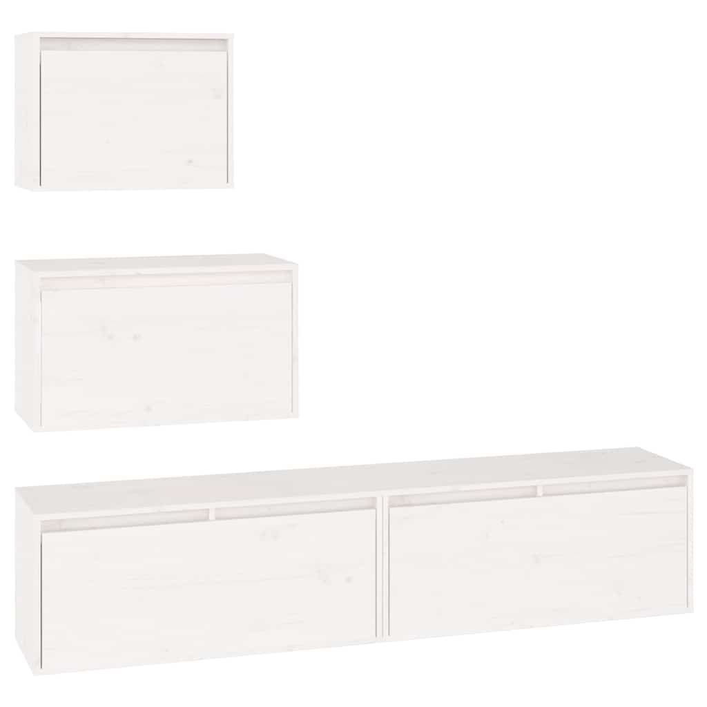 4 Piece TV Cabinet Set White Solid Wood Pine