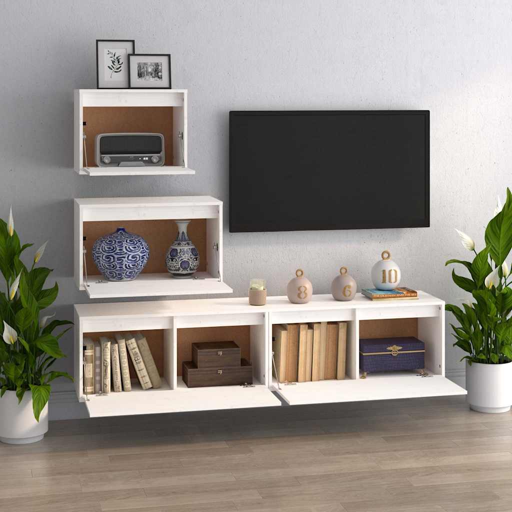4 Piece TV Cabinet Set White Solid Wood Pine