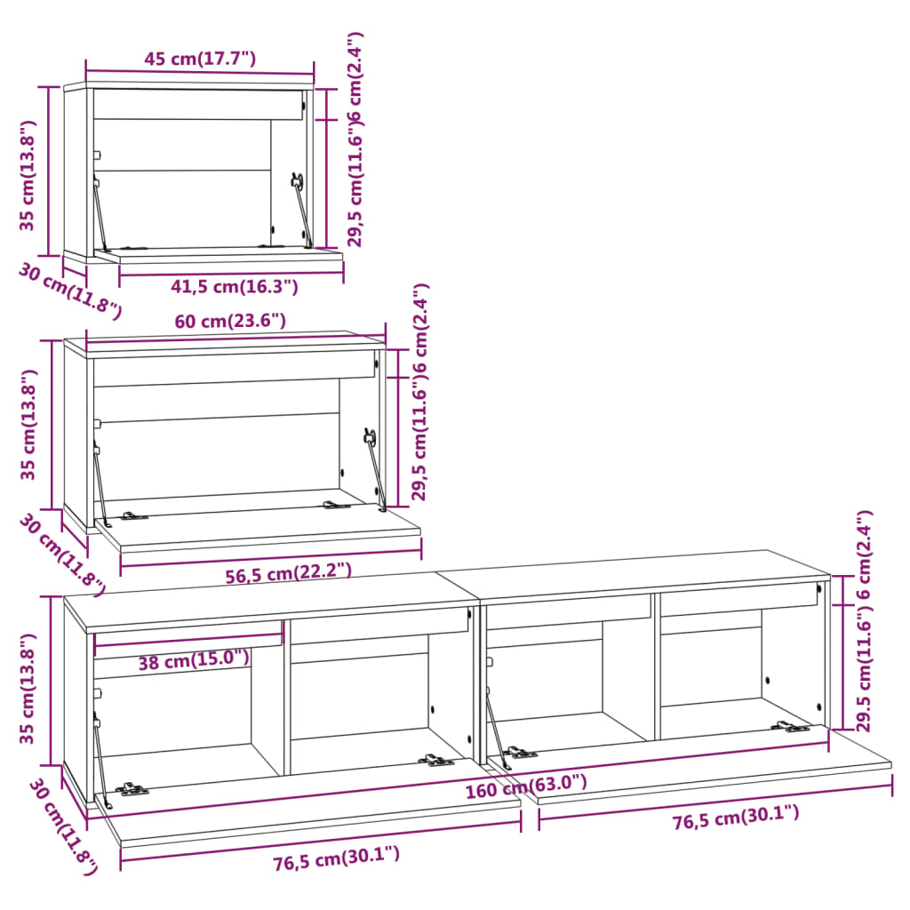 4 Piece TV Cabinet Set White Solid Wood Pine