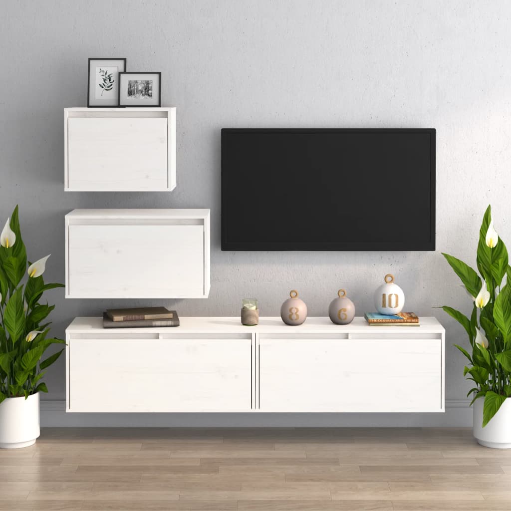 4 Piece TV Cabinet Set White Solid Wood Pine