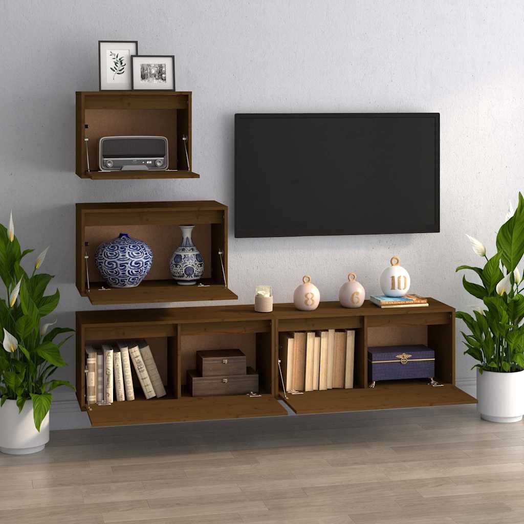 4 Piece TV Cabinet Set Honey Brown Solid Wood Pine