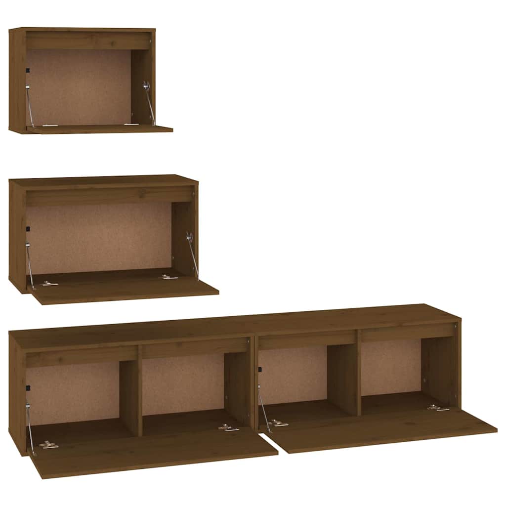 4 Piece TV Cabinet Set Honey Brown Solid Wood Pine