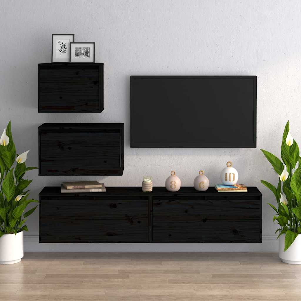 4 Piece TV Cabinet Set Black Solid Wood Pine