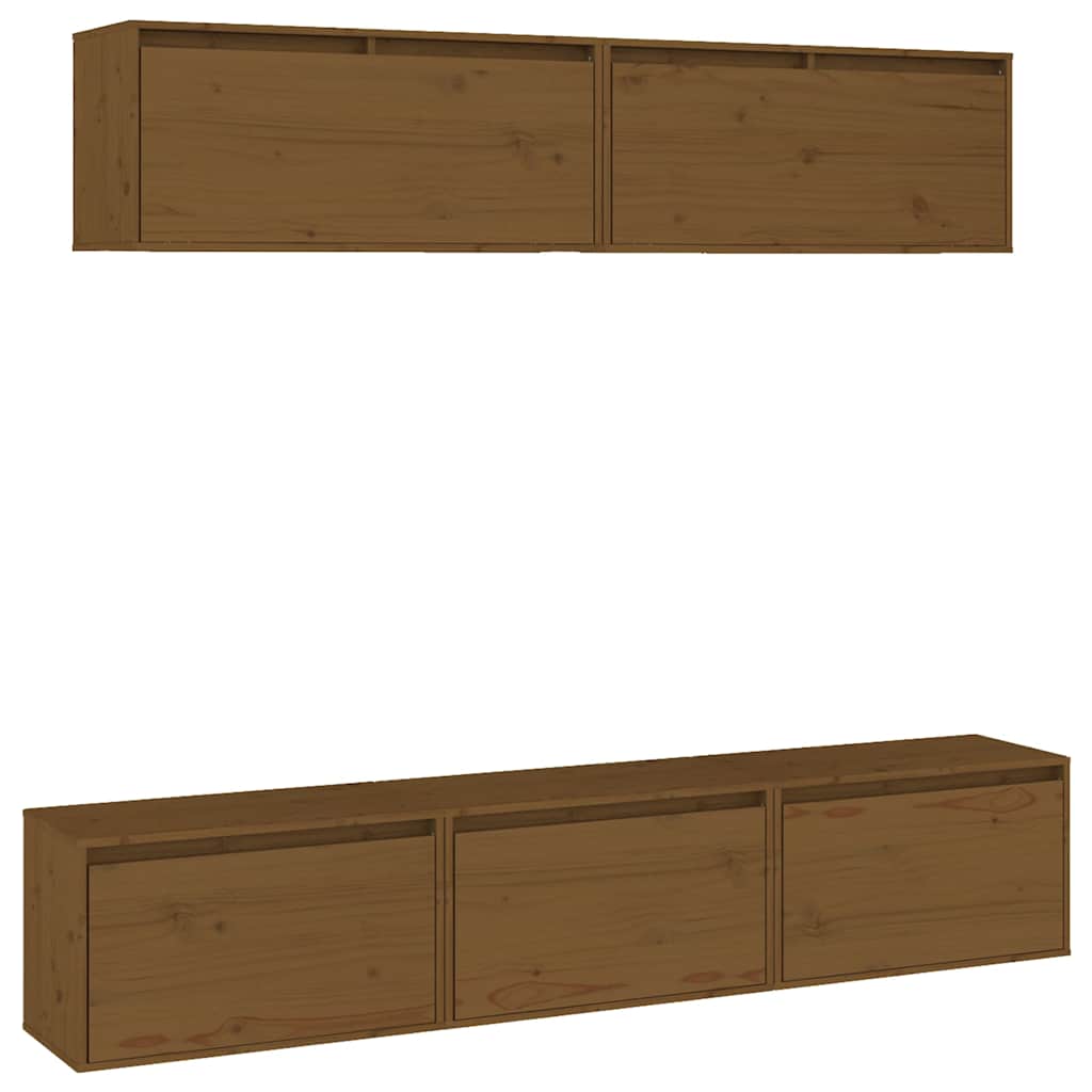 5 Piece TV Cabinet Set Honey Brown Solid Wood Pine