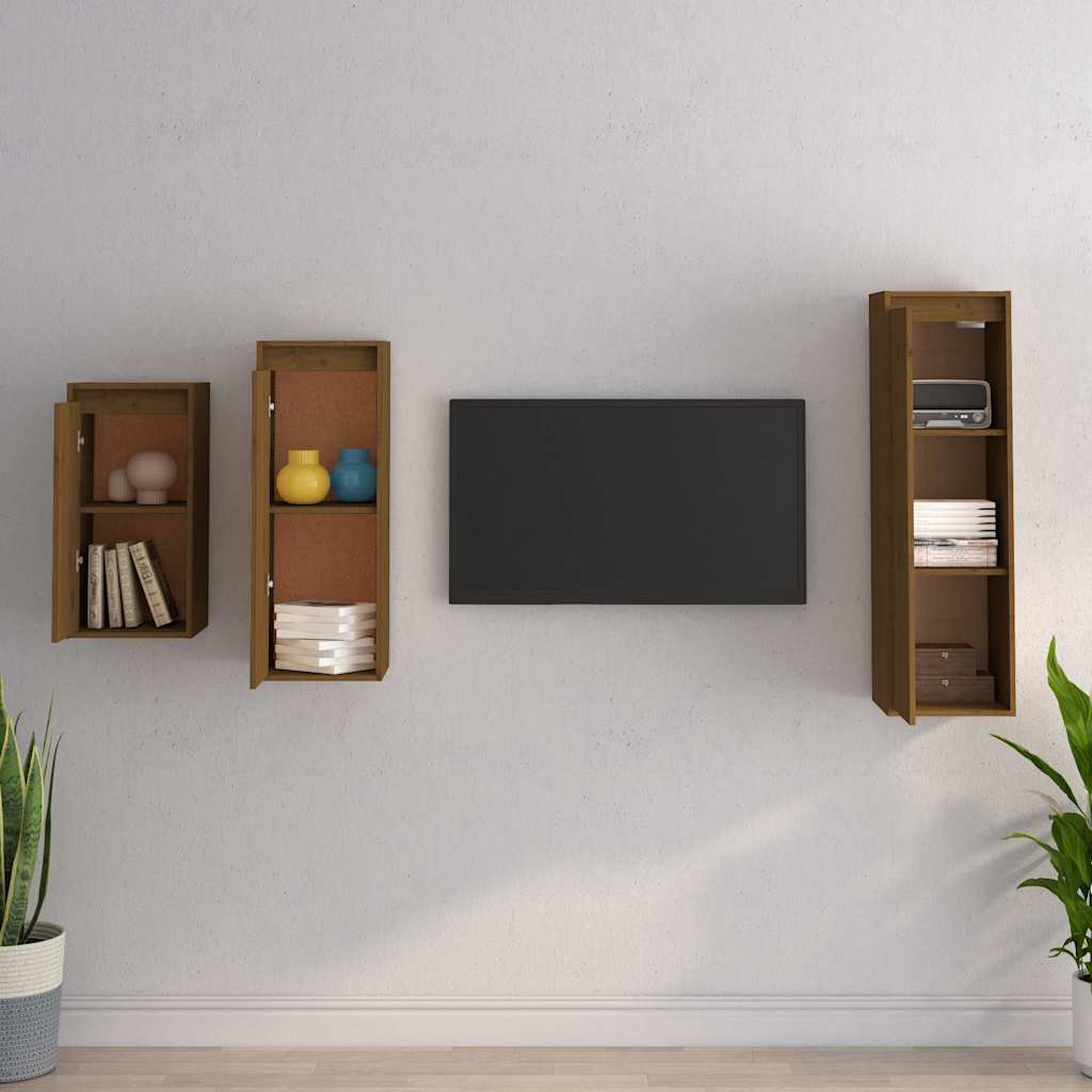 3 Piece TV Cabinet Set Honey Brown Solid Wood Pine