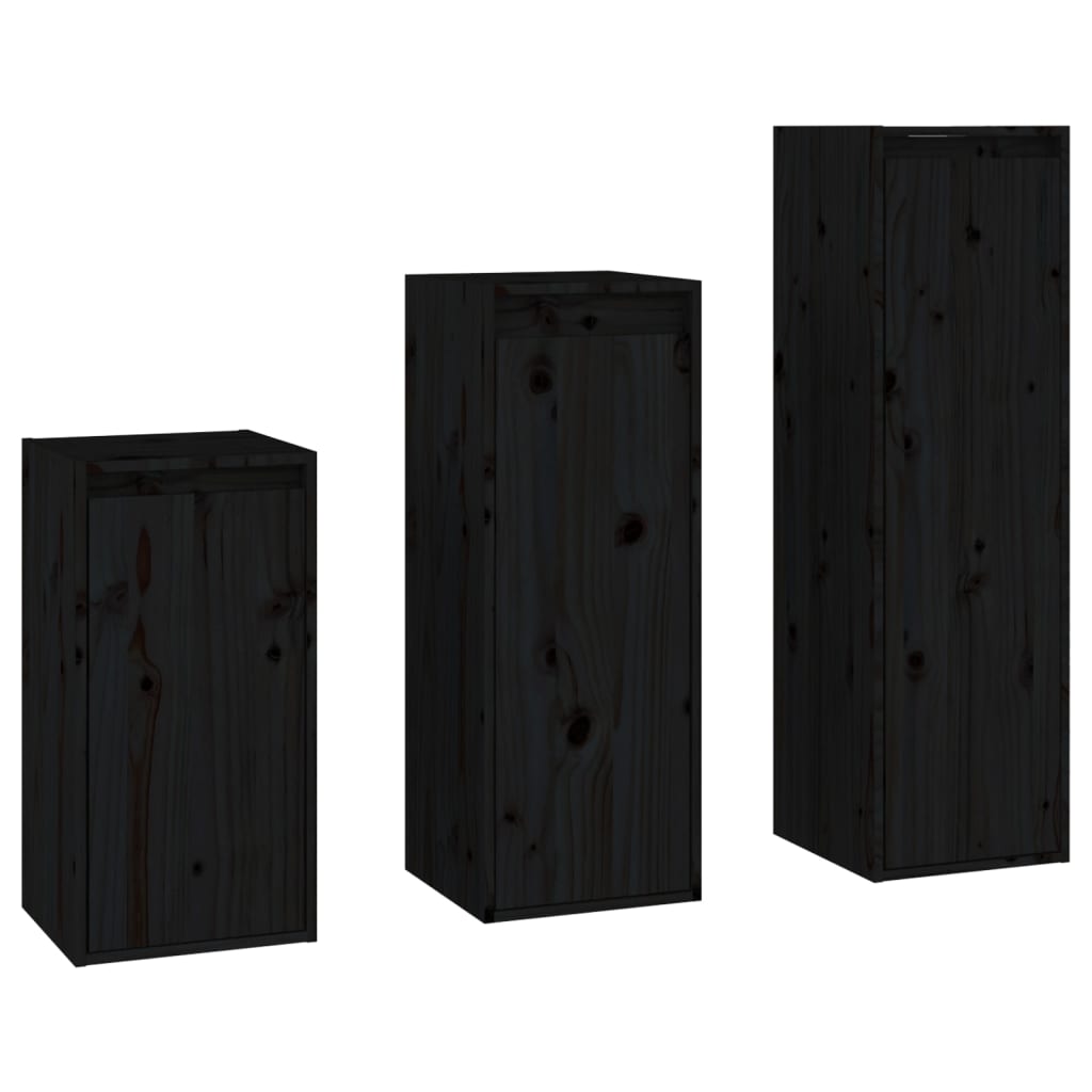 TV Cabinets 3 pcs Black Solid Wood Pine