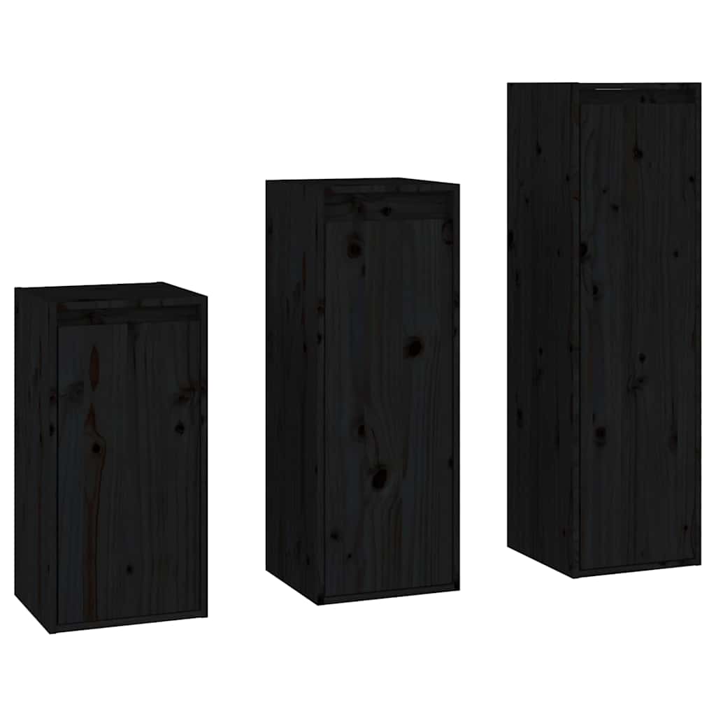 3 Piece TV Cabinet Set Black Solid Wood Pine