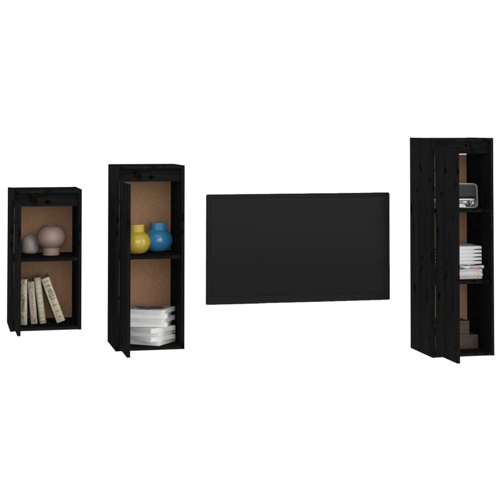 TV Cabinets 3 pcs Black Solid Wood Pine