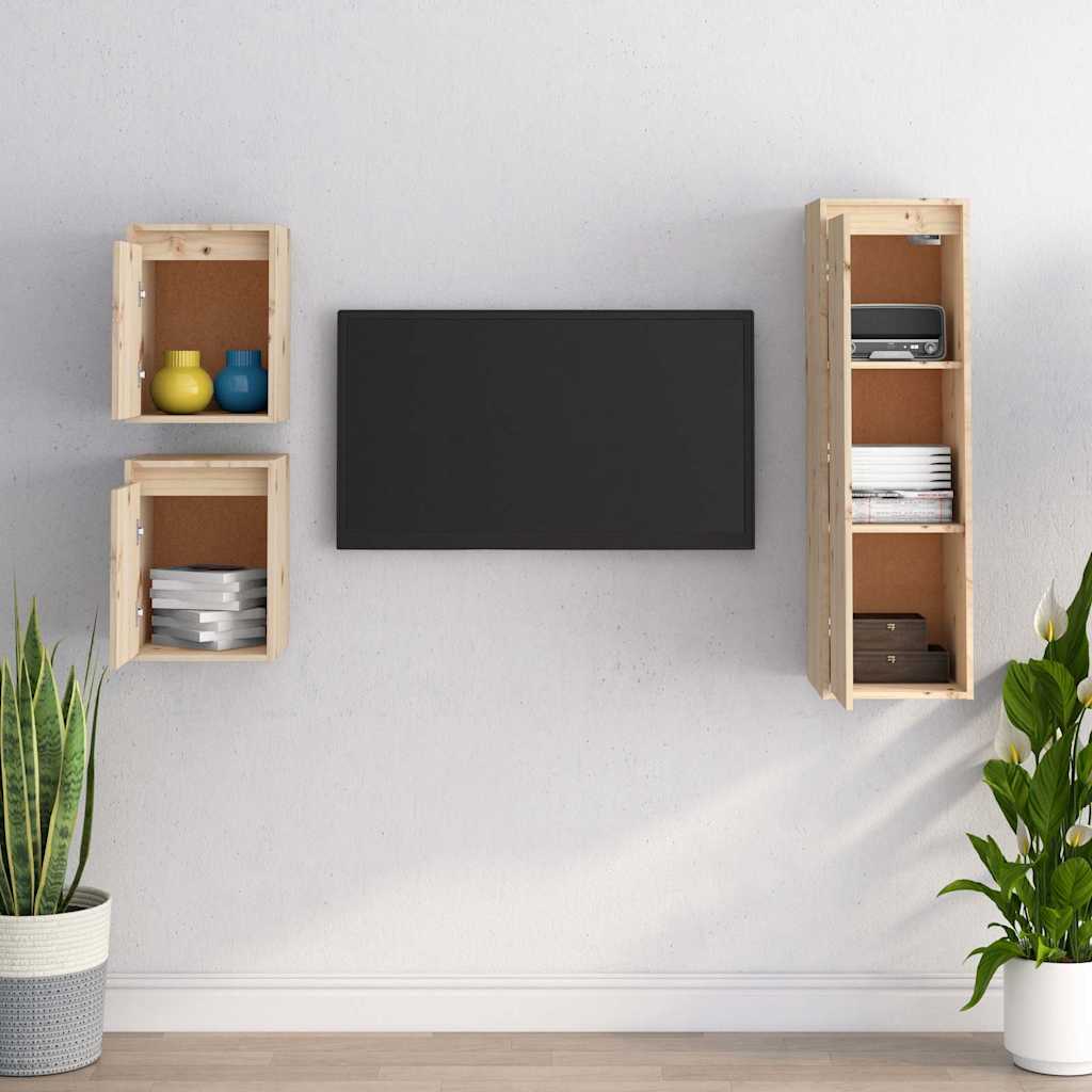 3 Piece TV Cabinet Set Solid Wood Pine