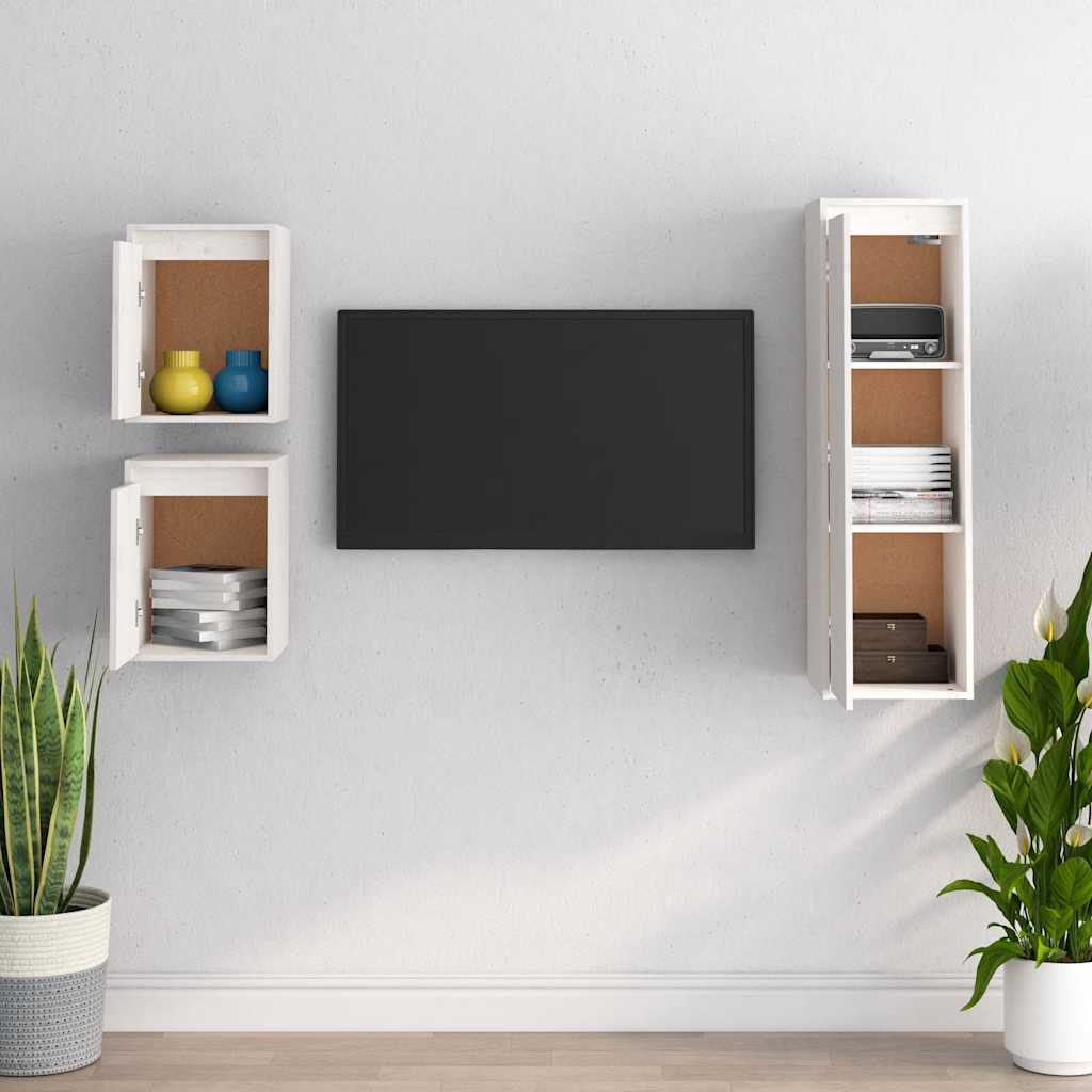 3 Piece TV Cabinet Set White Solid Wood Pine