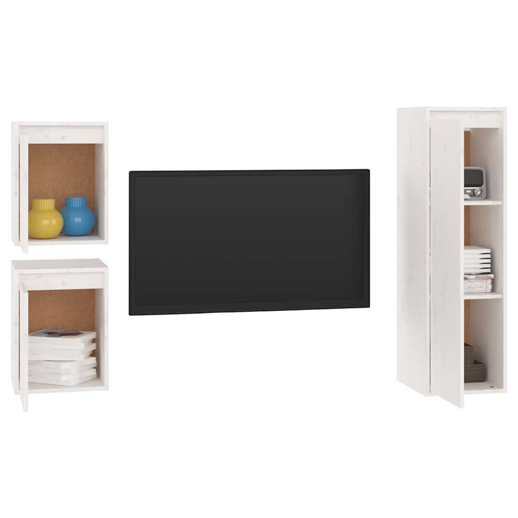 3 Piece TV Cabinet Set White Solid Wood Pine
