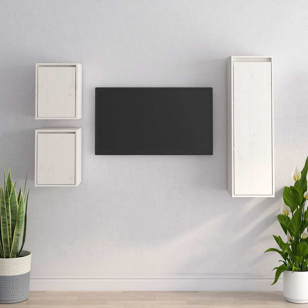 3 Piece TV Cabinet Set White Solid Wood Pine