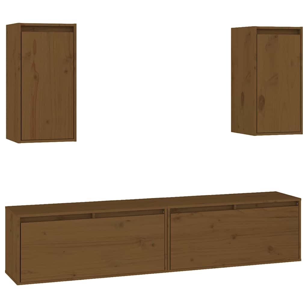 4 Piece TV Cabinet Set Honey Brown Solid Wood Pine
