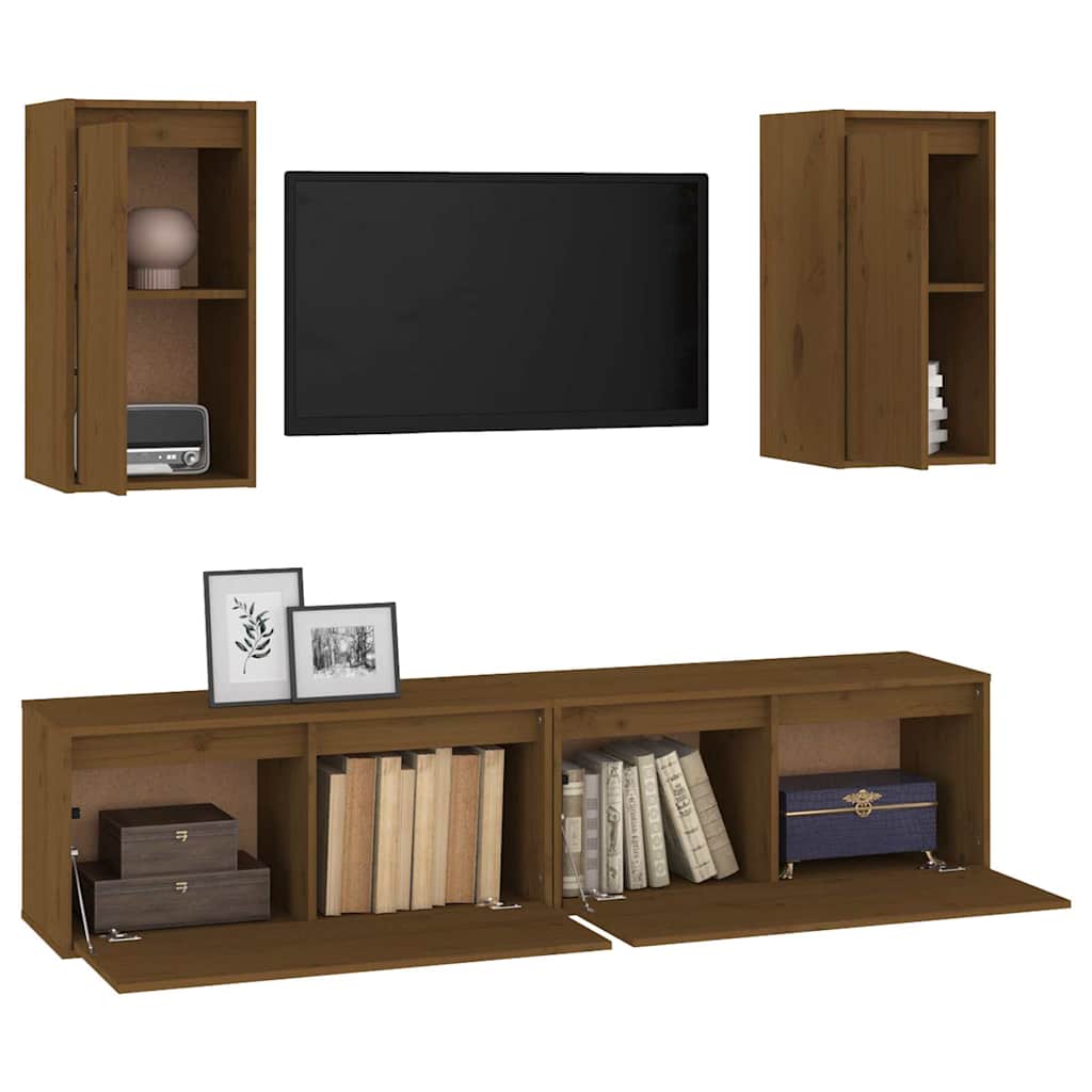 4 Piece TV Cabinet Set Honey Brown Solid Wood Pine