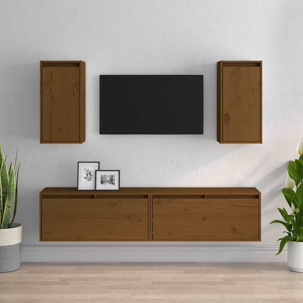 4 Piece TV Cabinet Set Honey Brown Solid Wood Pine