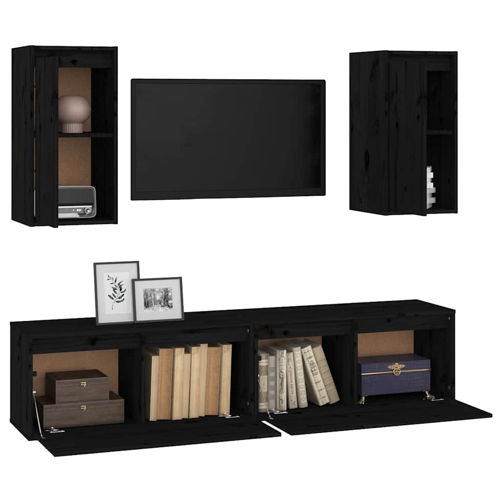 4 Piece TV Cabinet Set Black Solid Wood Pine