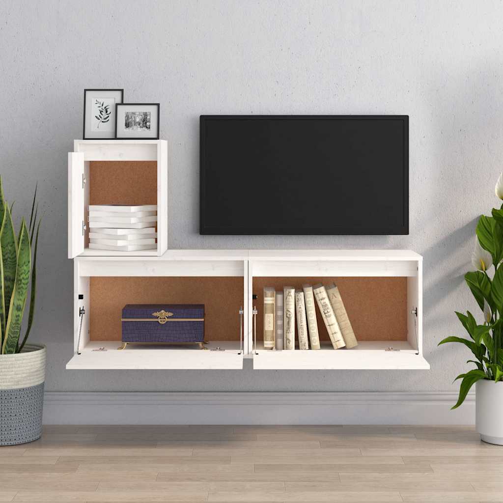 3 Piece TV Cabinet Set White Solid Wood Pine