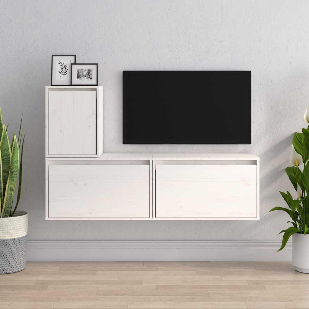 3 Piece TV Cabinet Set White Solid Wood Pine