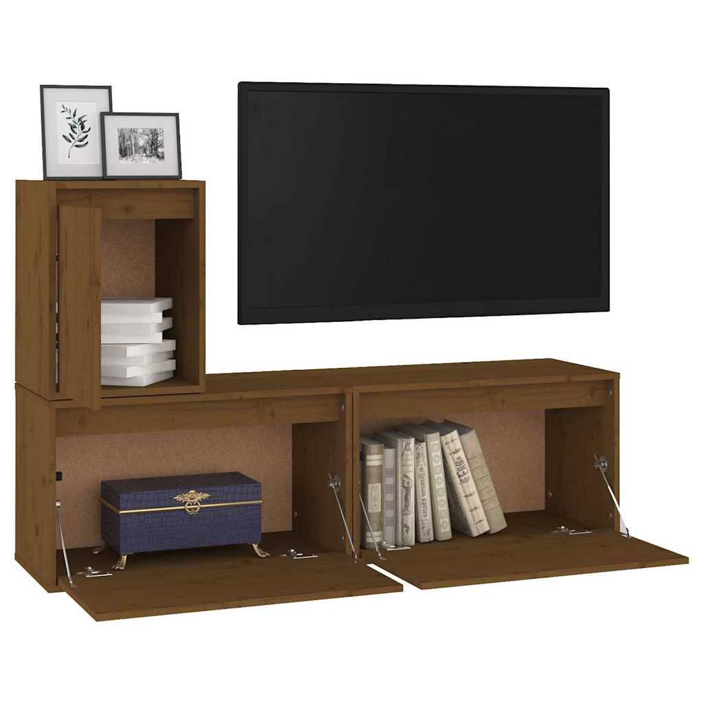 3 Piece TV Cabinet Set Honey Brown Solid Wood Pine