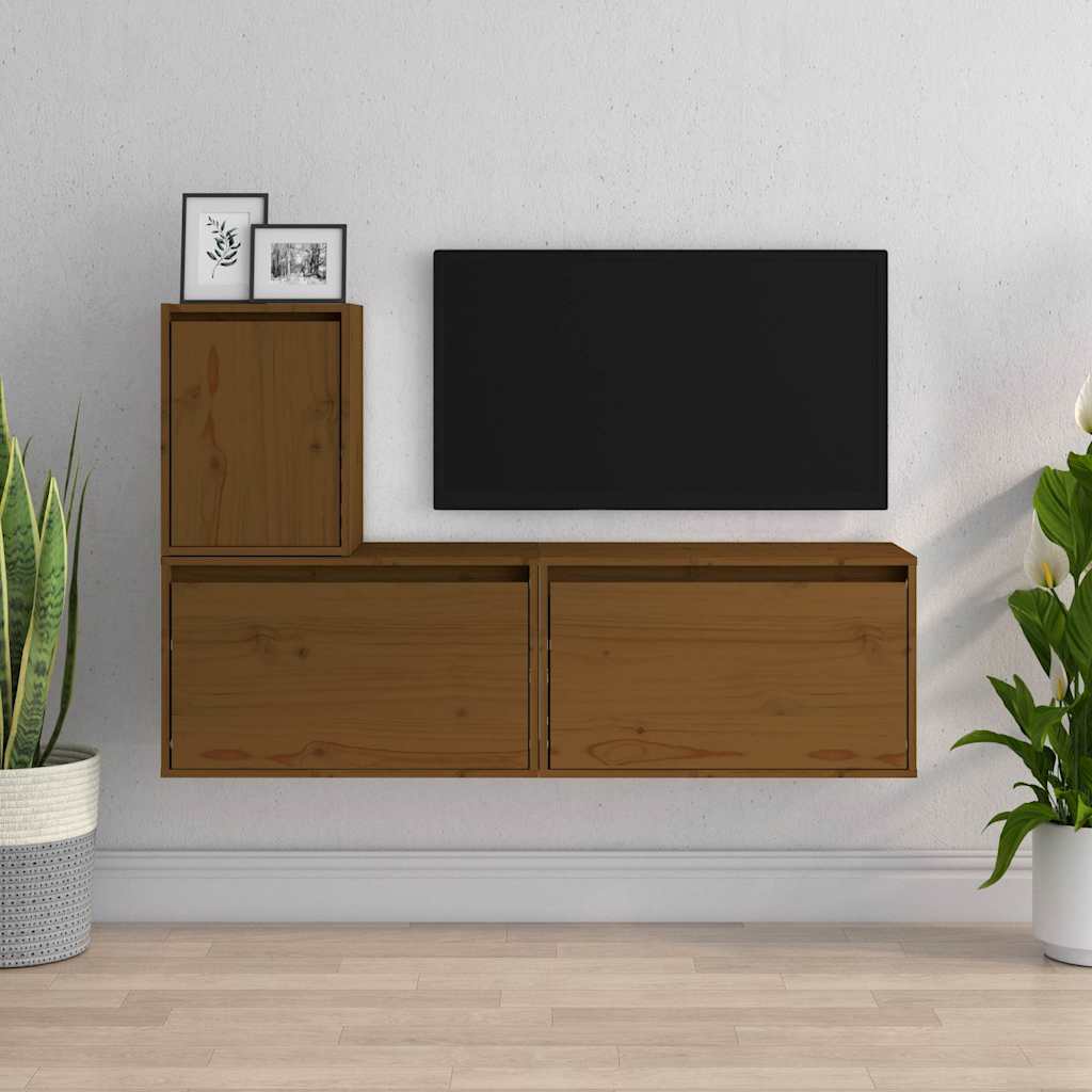 3 Piece TV Cabinet Set Honey Brown Solid Wood Pine