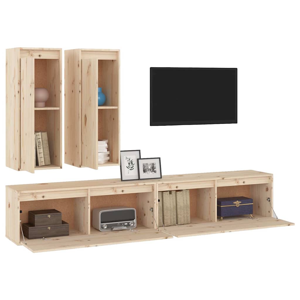 4 Piece TV Cabinet Set Solid Wood Pine