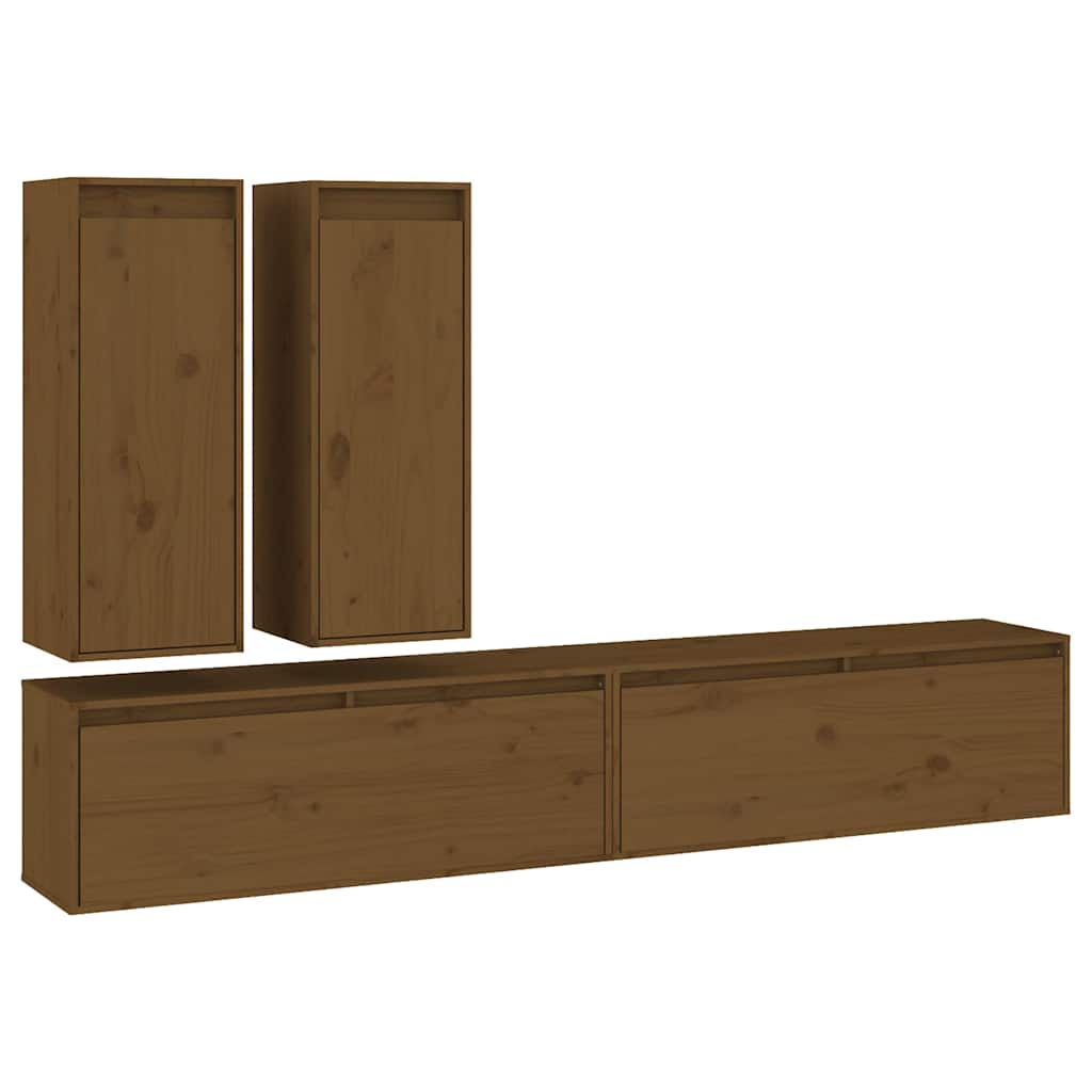 4 Piece TV Cabinet Set Honey Brown Solid Wood Pine