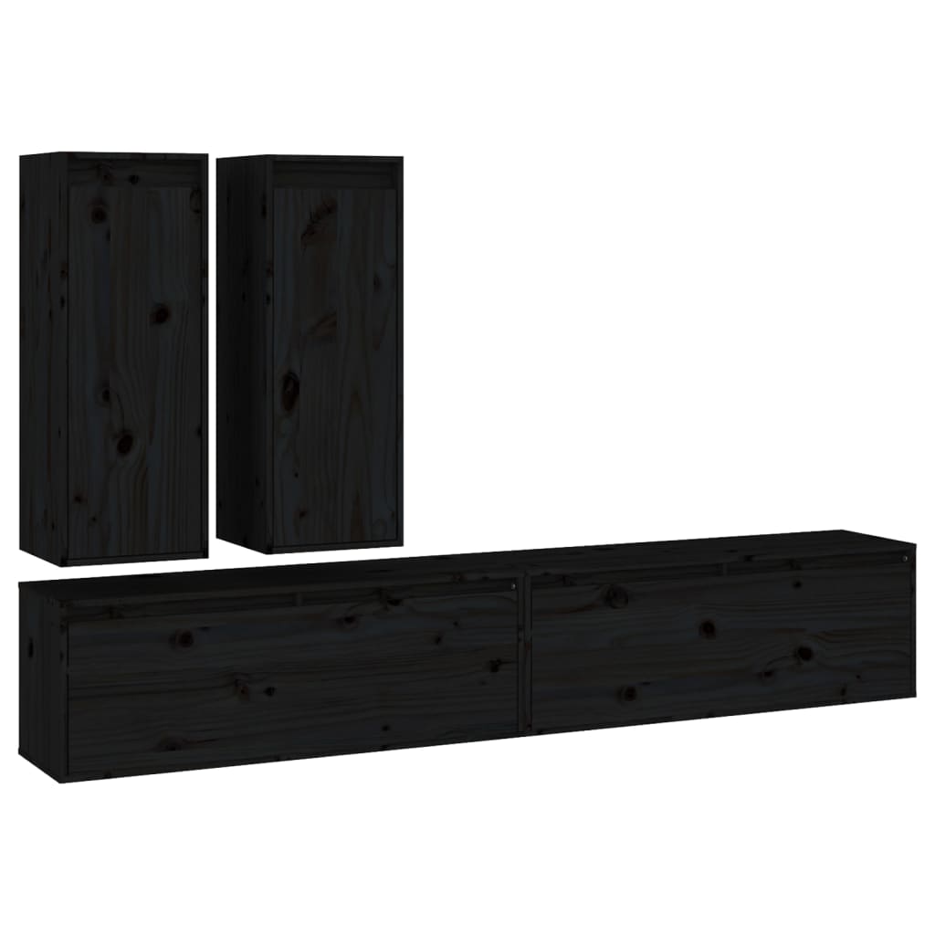4 Piece TV Cabinet Set Black Solid Wood Pine