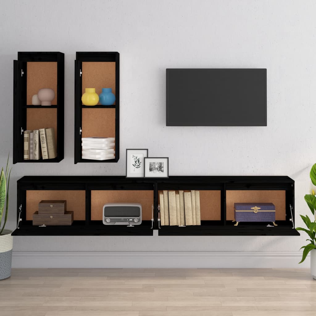 4 Piece TV Cabinet Set Black Solid Wood Pine