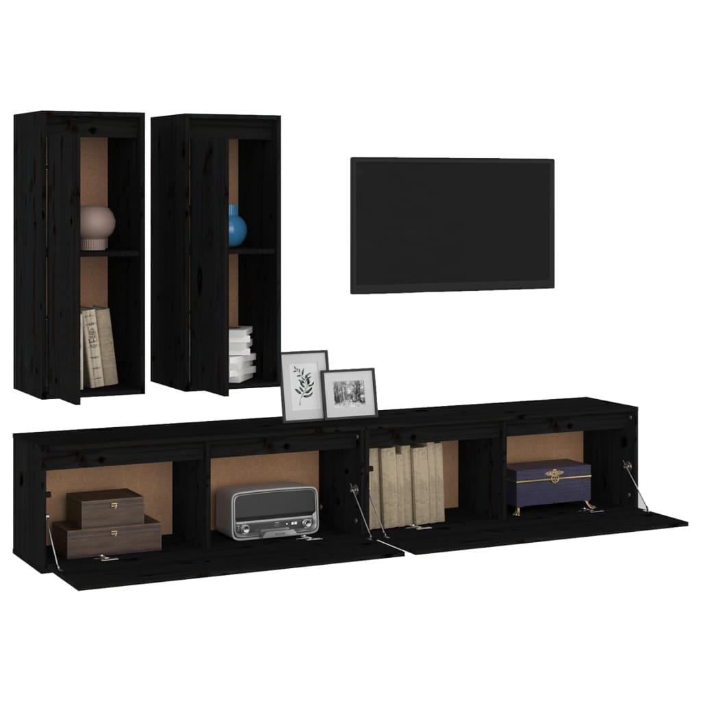 4 Piece TV Cabinet Set Black Solid Wood Pine