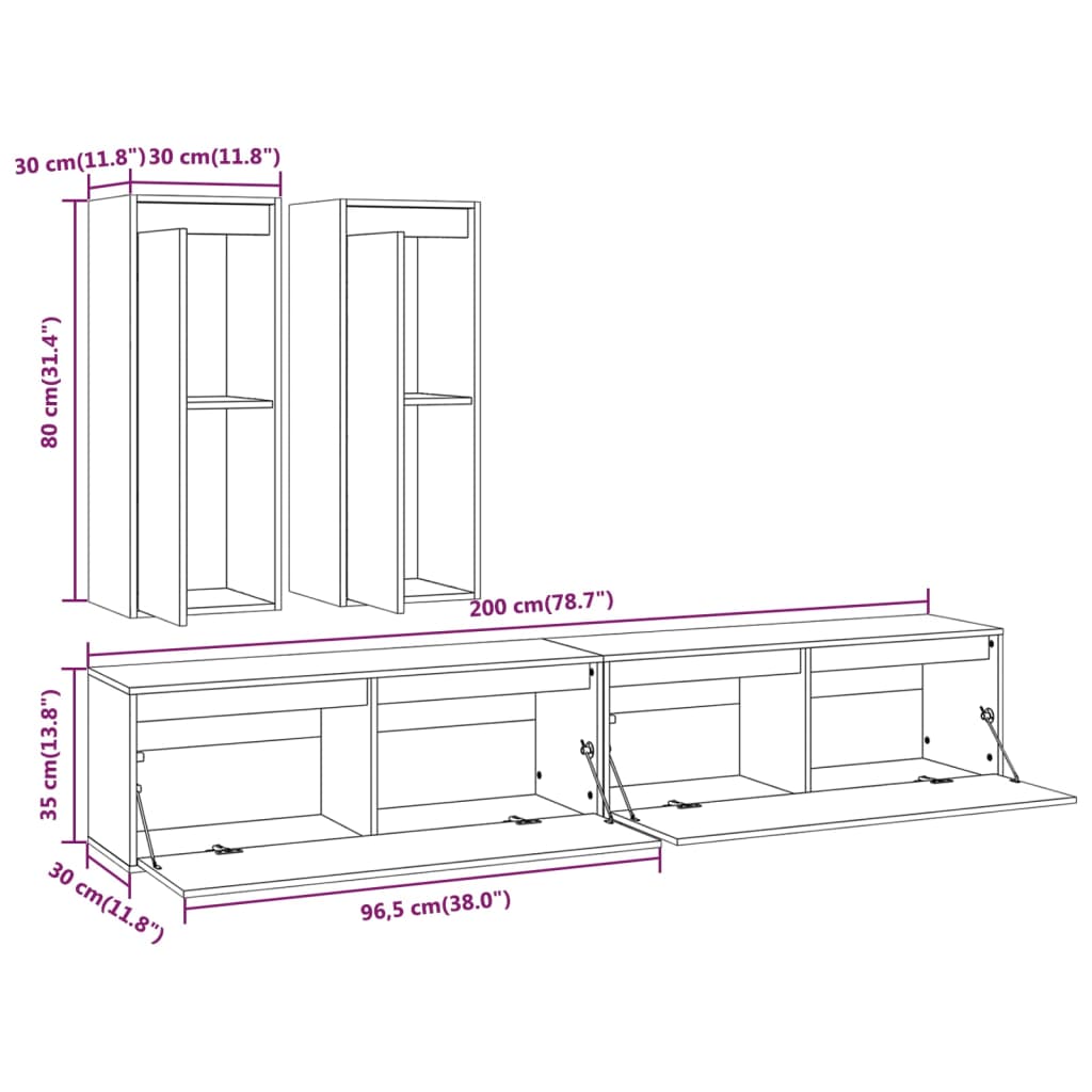 4 Piece TV Cabinet Set Black Solid Wood Pine