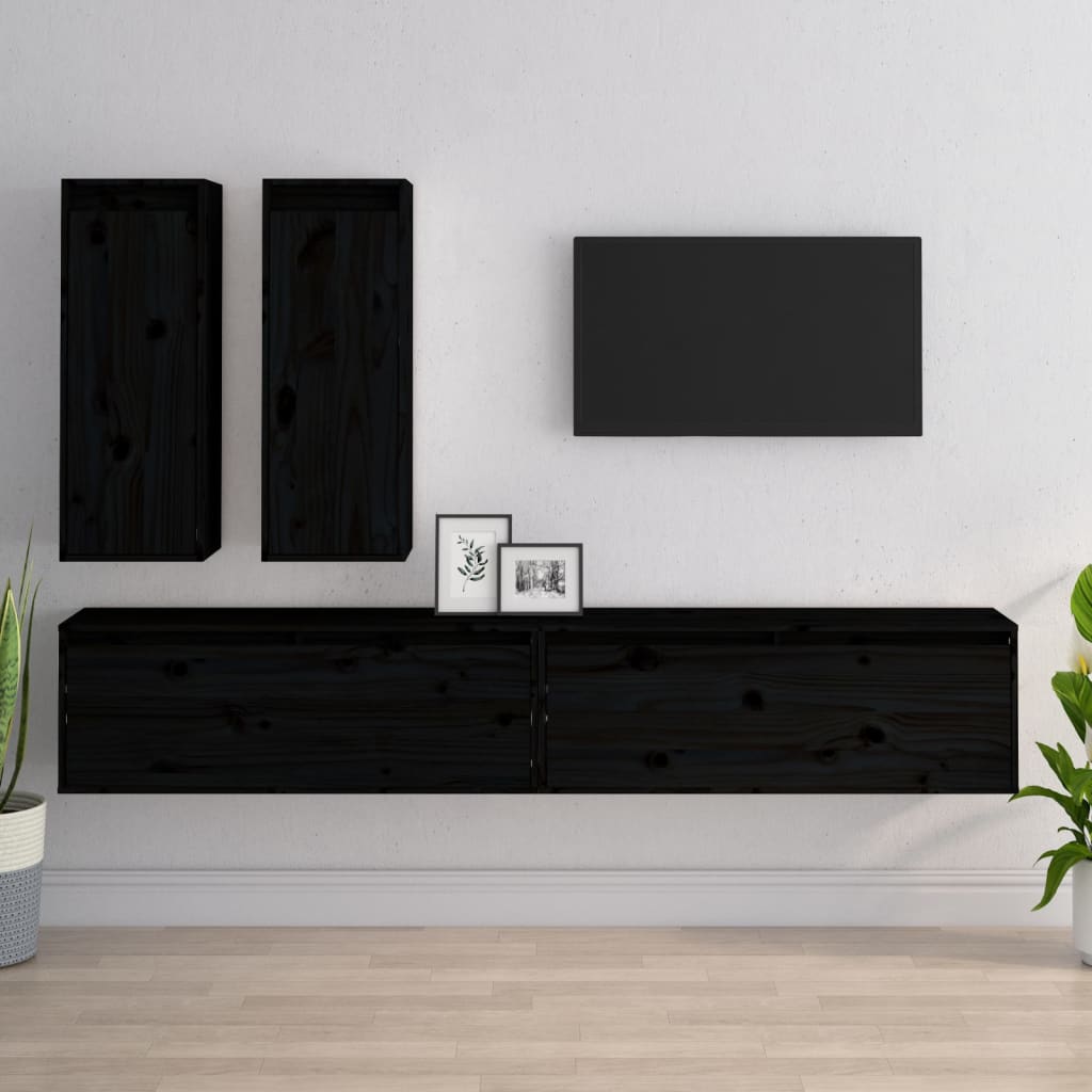 4 Piece TV Cabinet Set Black Solid Wood Pine
