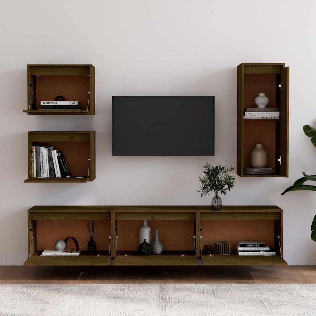 6 Piece TV Cabinet Set Honey Brown Solid Wood Pine