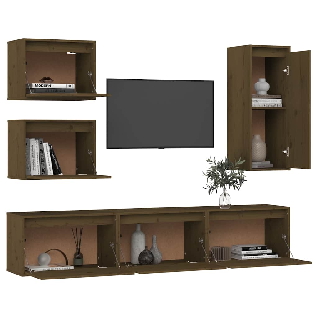 6 Piece TV Cabinet Set Honey Brown Solid Wood Pine