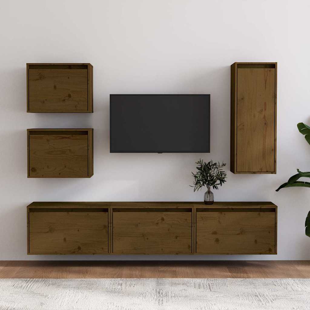 6 Piece TV Cabinet Set Honey Brown Solid Wood Pine